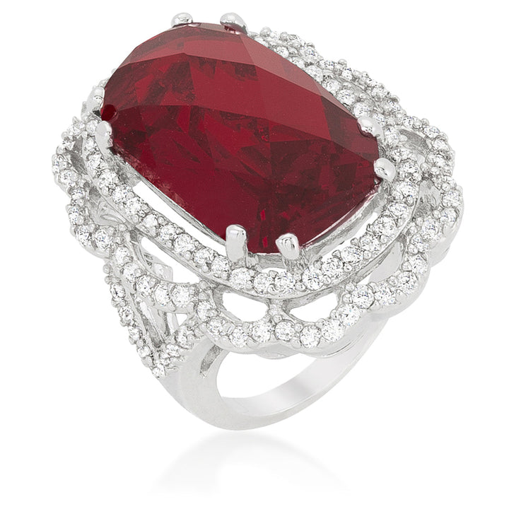 LOVCIA Elegant Rhodium-Plated Red Crest Cocktail Ring