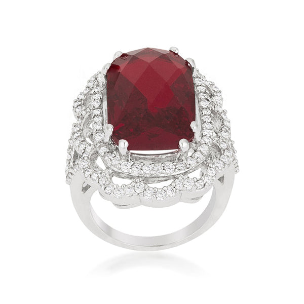 LOVCIA Elegant Rhodium-Plated Red Crest Cocktail Ring