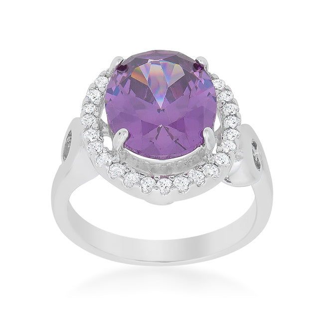 LOVCIA Elegant Amethyst Oval Halo Ring with Platinum Luster