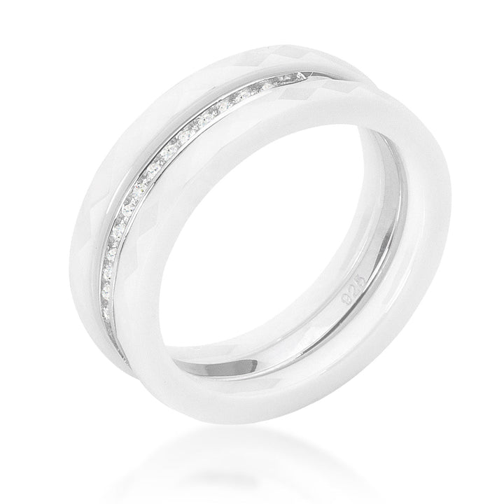 LOVCIA Elegant White Ceramic Triple Band Ring with Sparkling Cubic Zirconia