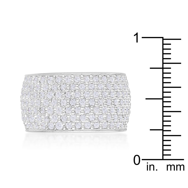 LOVCIA Elegant Silvertone Band Ring with Wide Pave Set Round Cubic Zirconia