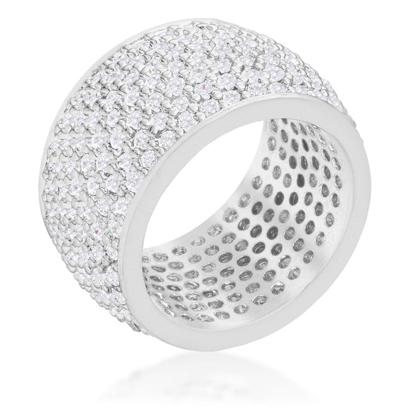 LOVCIA Elegant Silvertone Band Ring with Wide Pave Set Round Cubic Zirconia