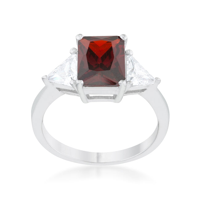 LOVCIA Elegant Rhodium-Plated Garnet and Trillion Cut CZ Engagement Ring