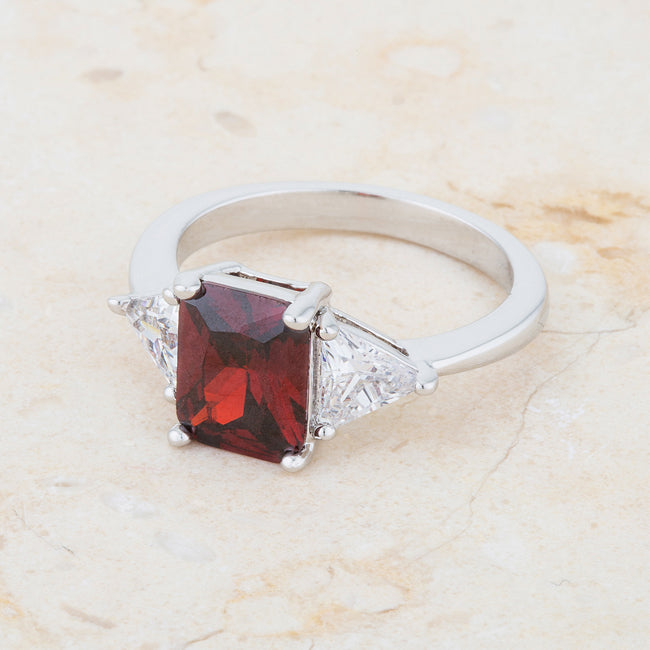 LOVCIA Elegant Rhodium-Plated Garnet and Trillion Cut CZ Engagement Ring