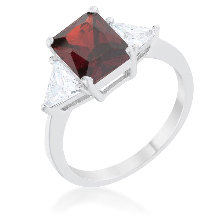 LOVCIA Elegant Rhodium-Plated Garnet and Trillion Cut CZ Engagement Ring