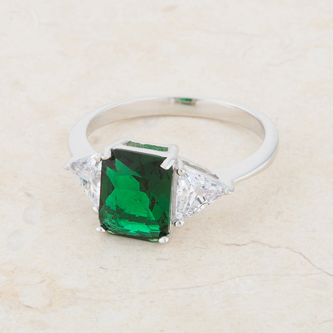 LOVCIA Elegant Emerald Radiant CZ Ring with Trillion Accents