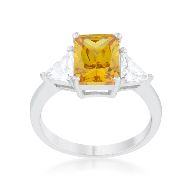 LOVCIA Elegant Canary Yellow Radiant CZ Engagement Ring with Trillion Cut Accents