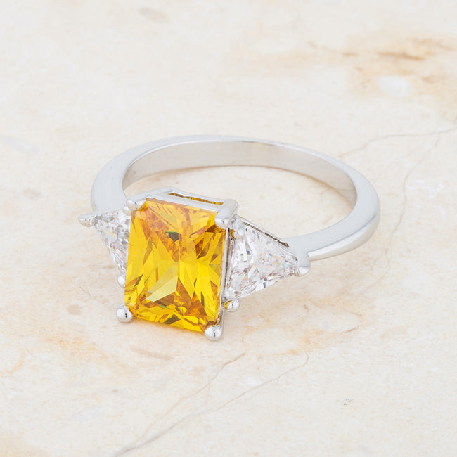 LOVCIA Elegant Canary Yellow Radiant CZ Engagement Ring with Trillion Cut Accents