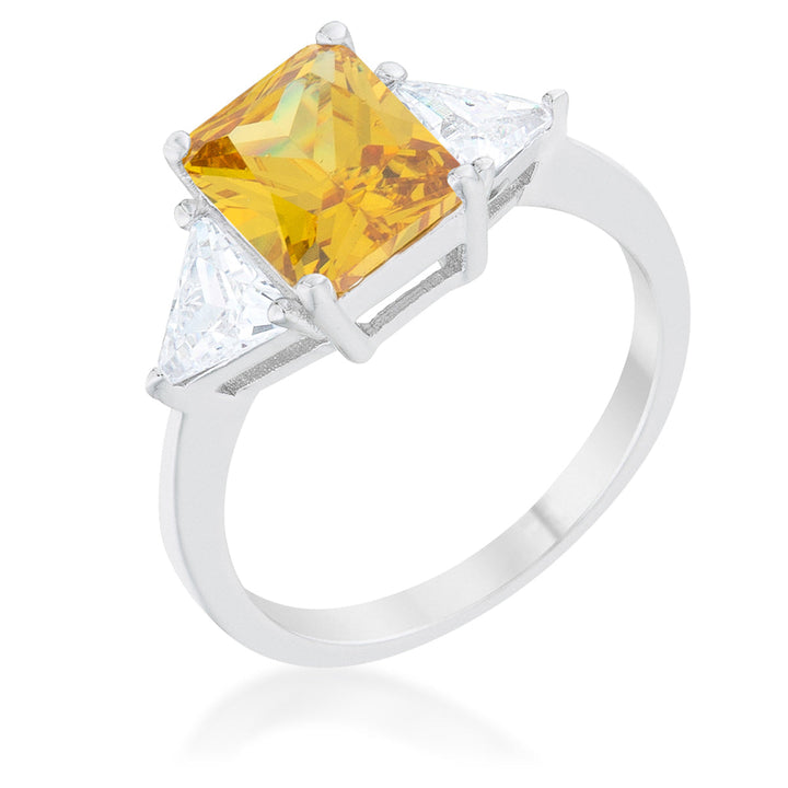 LOVCIA Elegant Canary Yellow Radiant CZ Engagement Ring with Trillion Cut Accents