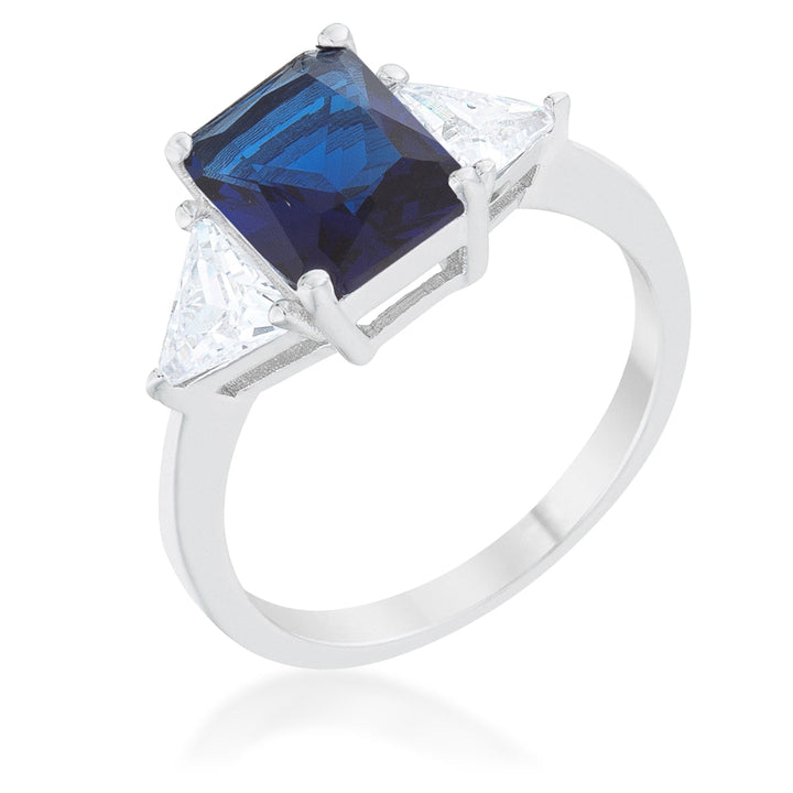 LOVCIA Sapphire Emerald Cut Sterling Silver Engagement Ring with Trillion Cut Accents - 4.5 Carat