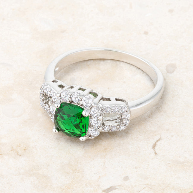 LOVCIA Emerald CZ Rhodium-Plated Vintage Cocktail Ring - 1.1ct