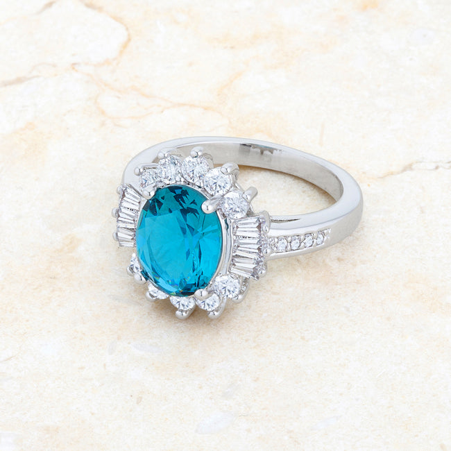 LOVCIA Elegant Luxe Essence 3ct Aqua CZ Rhodium-Plated Ring