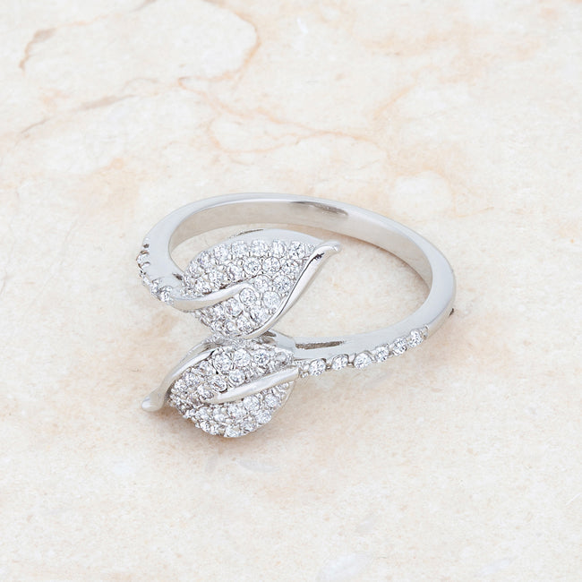 LOVCIA Liana Rhodium-Plated Leaf Wrap Ring with 0.1ct CZ Accents