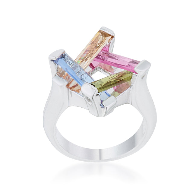 LOVCIA Multicolor CZ Rhodium-Plated Myra Cocktail Ring - 10ct Radiant Cut Stones