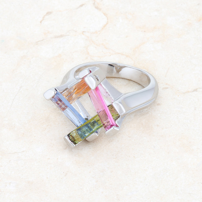 LOVCIA Multicolor CZ Rhodium-Plated Myra Cocktail Ring - 10ct Radiant Cut Stones