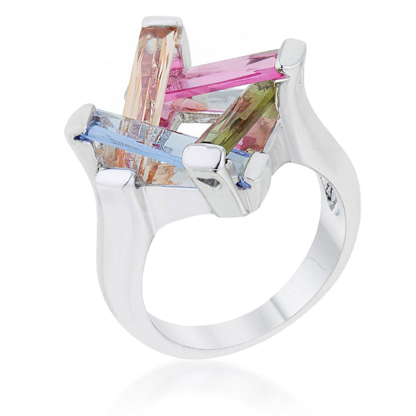 LOVCIA Multicolor CZ Rhodium-Plated Myra Cocktail Ring - 10ct Radiant Cut Stones