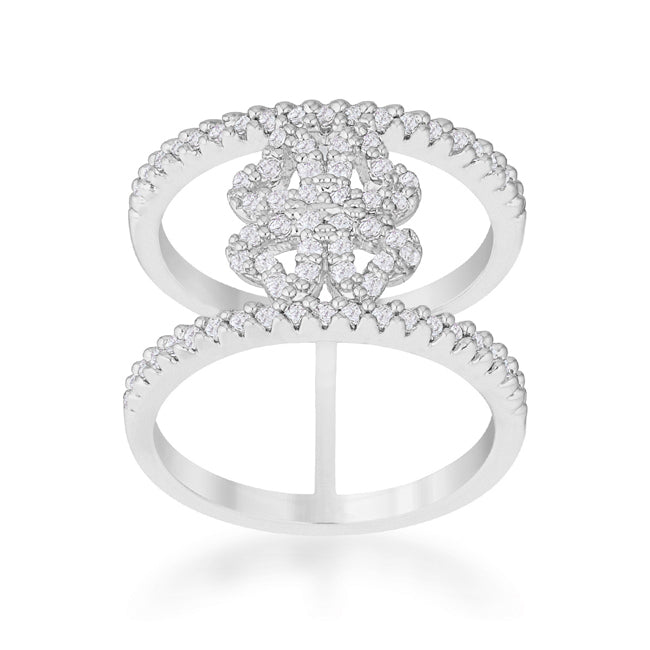 LOVCIA Delicate Clover Wrap Ring with 0.4ct CZ and Rhodium Finish