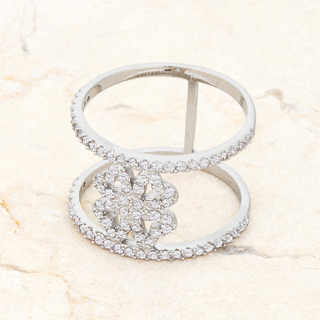 LOVCIA Delicate Clover Wrap Ring with 0.4ct CZ and Rhodium Finish