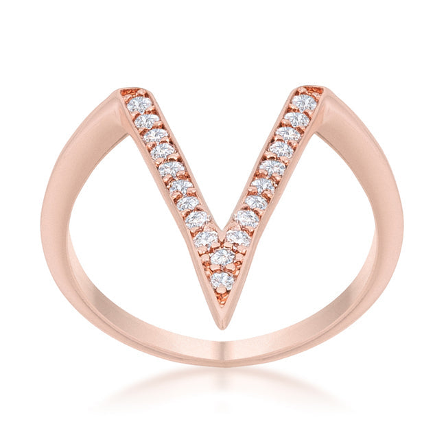 LOVCIA Rose Gold V-Shape Ring with 0.2ct CZ and Platinum Luster