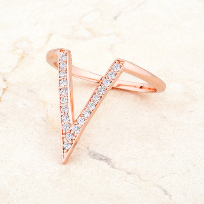 LOVCIA Rose Gold V-Shape Ring with 0.2ct CZ and Platinum Luster