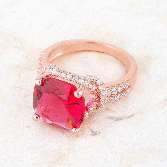 LOVCIA Elegant Charlene Rose Gold Cushion-Cut Ruby CZ Statement Ring