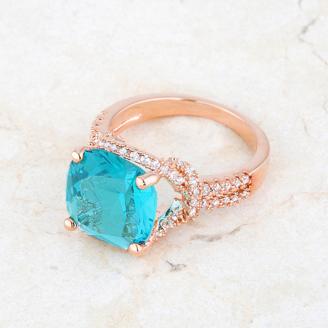 LOVCIA Elegant Charlene Rose Gold Statement Ring with 6.2ct Aqua CZ