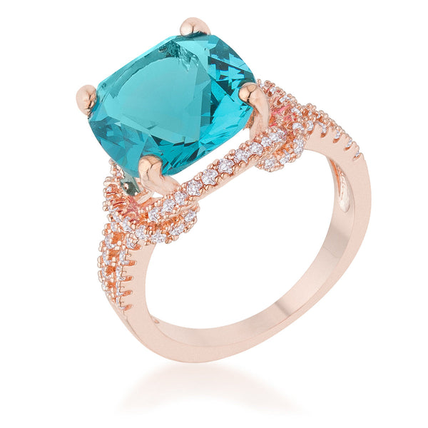 LOVCIA Elegant Charlene Rose Gold Statement Ring with 6.2ct Aqua CZ