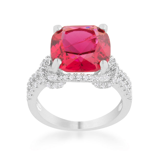 LOVCIA Elegant Charlene 6.2ct Ruby CZ Rhodium Cushion-Cut Cocktail Ring