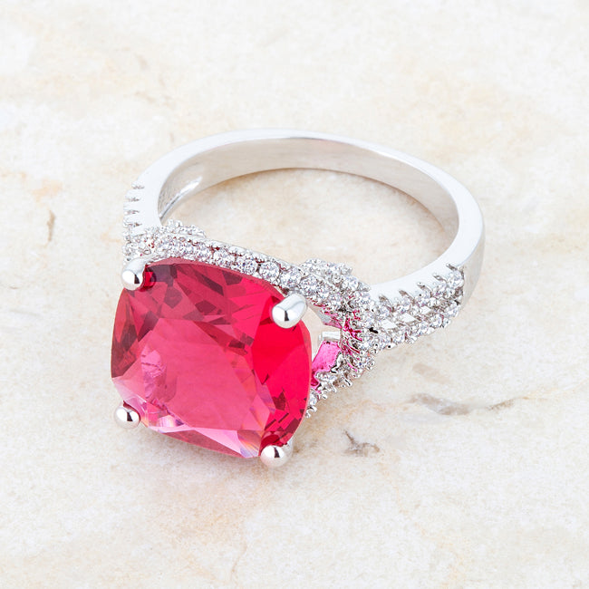 LOVCIA Elegant Charlene 6.2ct Ruby CZ Rhodium Cushion-Cut Cocktail Ring