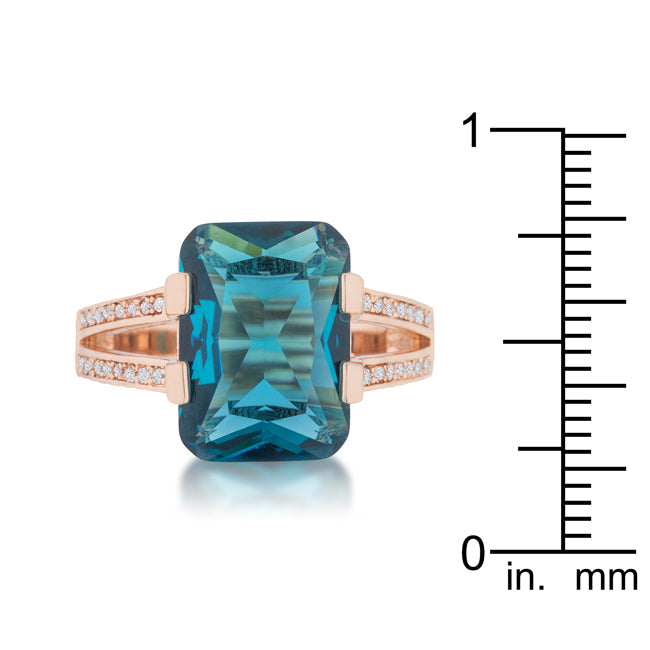 LOVCIA Rose Gold Emerald-Cut Aqua CZ Cocktail Ring with Clear Accent Stones