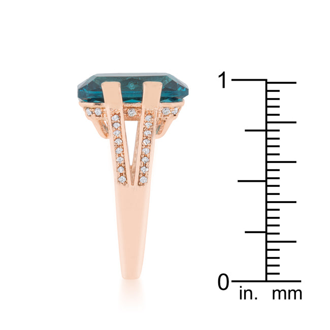 LOVCIA Rose Gold Emerald-Cut Aqua CZ Cocktail Ring with Clear Accent Stones