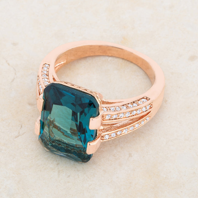 LOVCIA Rose Gold Emerald-Cut Aqua CZ Cocktail Ring with Clear Accent Stones