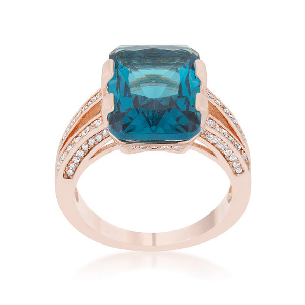 LOVCIA Rose Gold Emerald-Cut Aqua CZ Cocktail Ring with Clear Accent Stones