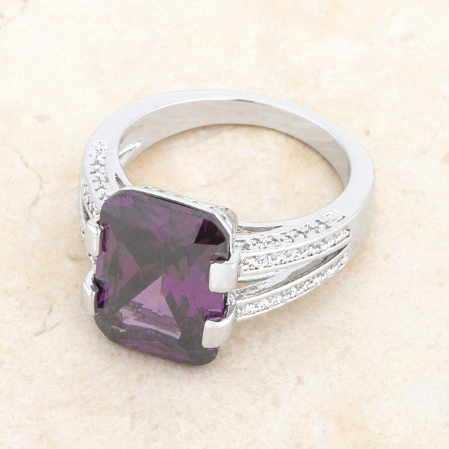 LOVCIA Amethyst CZ Emerald-Cut Rhodium Cocktail Ring with Clear Accents