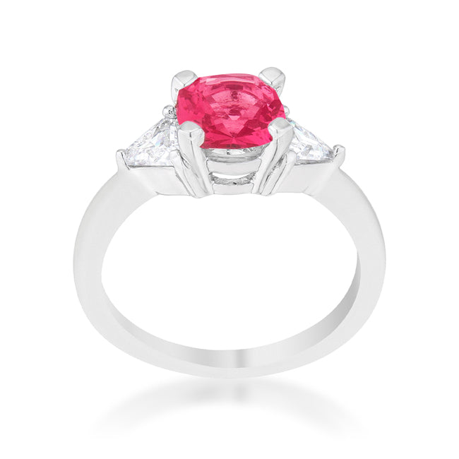 LOVCIA Elegant Shonda 1.8ct Fuchsia Cushion Cut CZ Rhodium Ring with Trillion Accents