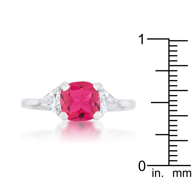 LOVCIA Elegant Shonda 1.8ct Fuchsia Cushion Cut CZ Rhodium Ring with Trillion Accents