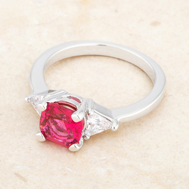 LOVCIA Elegant Shonda 1.8ct Fuchsia Cushion Cut CZ Rhodium Ring with Trillion Accents