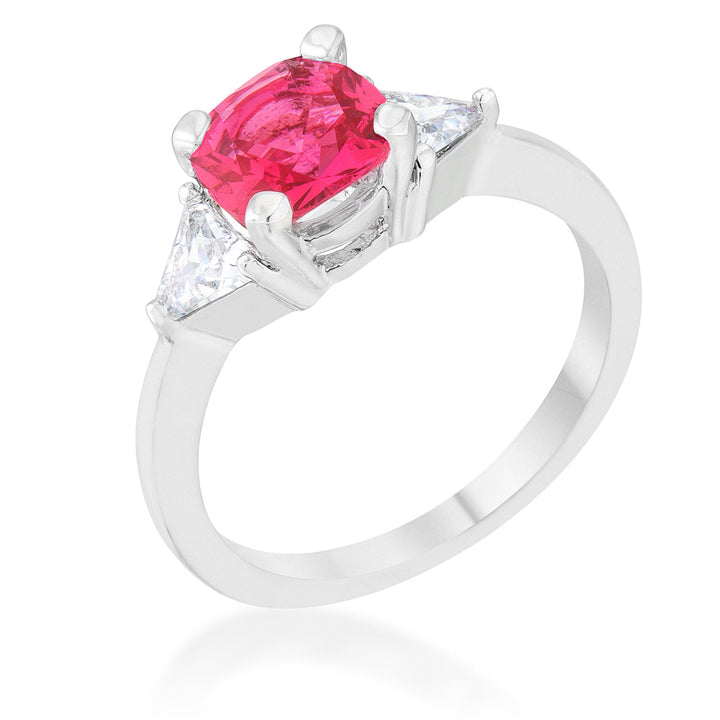 LOVCIA Elegant Shonda 1.8ct Fuchsia Cushion Cut CZ Rhodium Ring with Trillion Accents