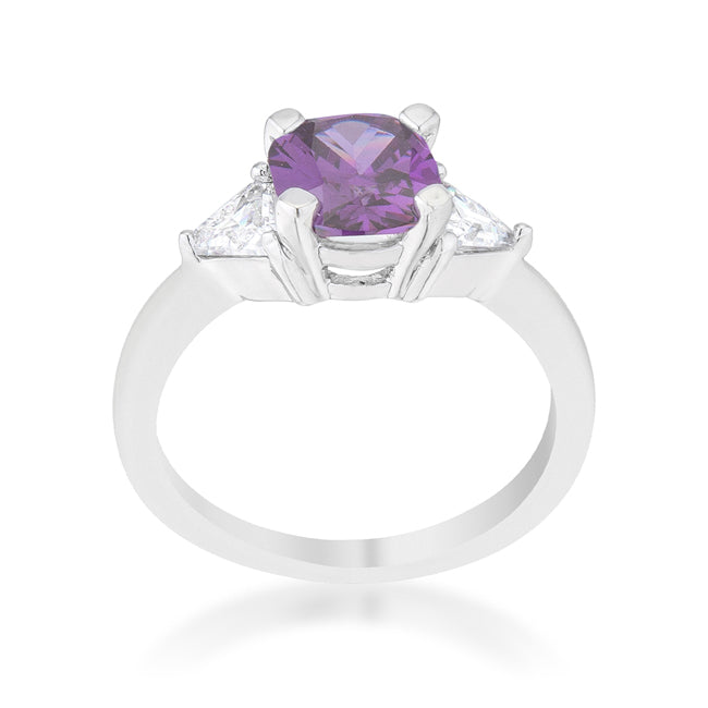 LOVCIA Elegant Shonda Rhodium Ring with 1.8ct Amethyst Cushion and Trillion Cut Accents