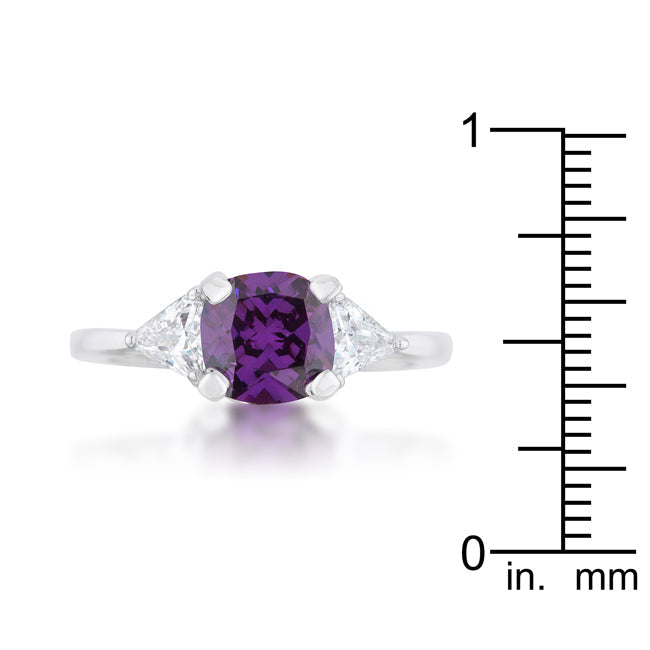 LOVCIA Elegant Shonda Rhodium Ring with 1.8ct Amethyst Cushion and Trillion Cut Accents