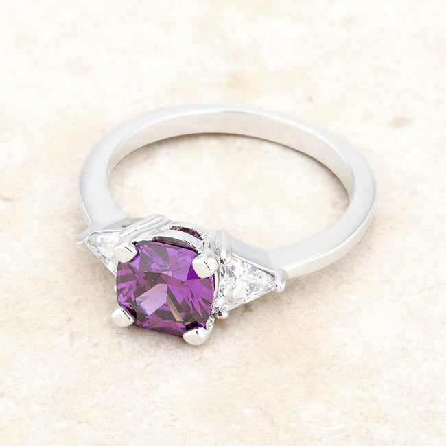 LOVCIA Elegant Shonda Rhodium Ring with 1.8ct Amethyst Cushion and Trillion Cut Accents