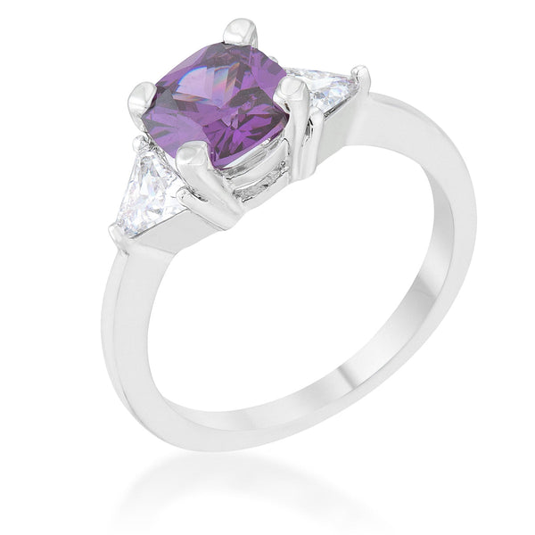 LOVCIA Elegant Shonda Rhodium Ring with 1.8ct Amethyst Cushion and Trillion Cut Accents