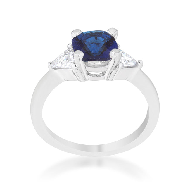 LOVCIA Elegant 1.8ct Sapphire CZ Cushion Cut Rhodium Engagement Ring with Trillion Accents