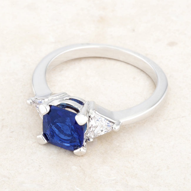 LOVCIA Elegant 1.8ct Sapphire CZ Cushion Cut Rhodium Engagement Ring with Trillion Accents