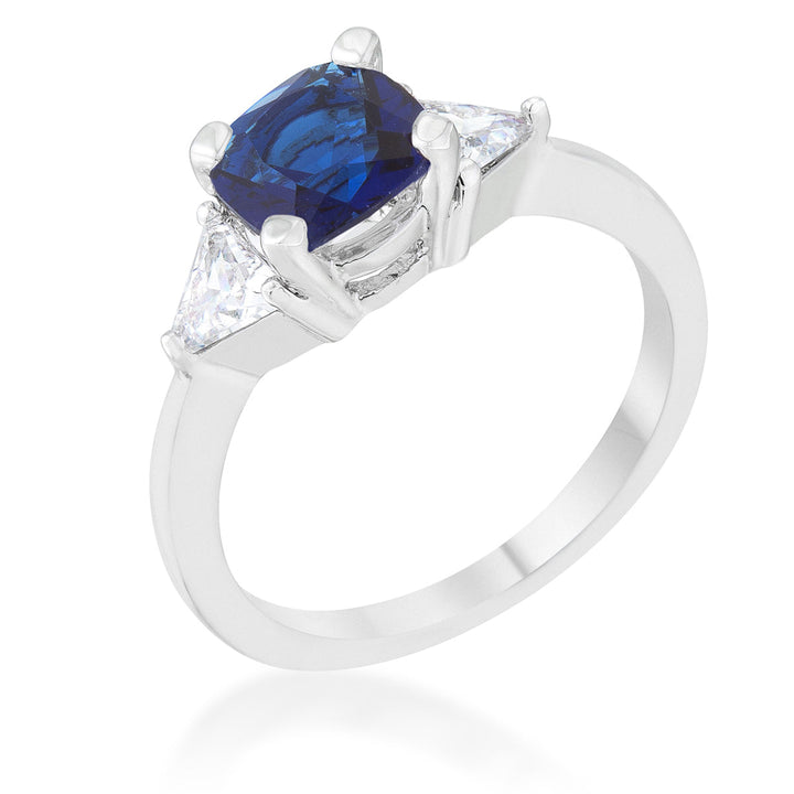 LOVCIA Elegant 1.8ct Sapphire CZ Cushion Cut Rhodium Engagement Ring with Trillion Accents