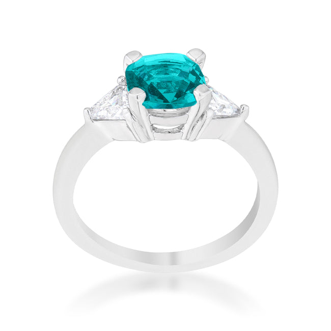 LOVCIA Elegant Shonda Aqua CZ Rhodium Cushion Cut Statement Ring, 1.8ct