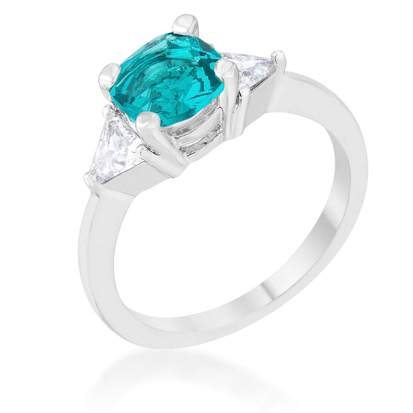 LOVCIA Elegant Shonda Aqua CZ Rhodium Cushion Cut Statement Ring, 1.8ct