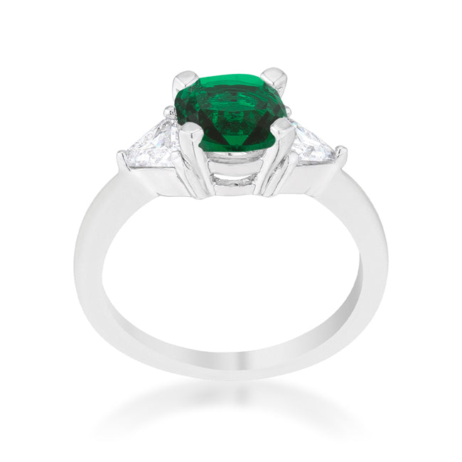 LOVCIA Elegant Shonda Emerald CZ Cushion Cut Statement Ring - 1.8ct Rhodium Finish