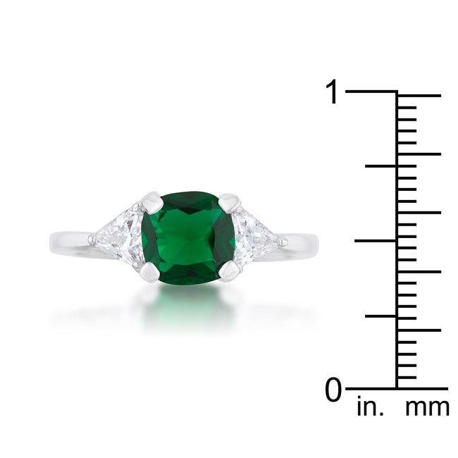 LOVCIA Elegant Shonda Emerald CZ Cushion Cut Statement Ring - 1.8ct Rhodium Finish