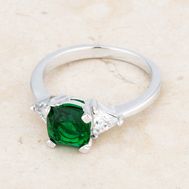 LOVCIA Elegant Shonda Emerald CZ Cushion Cut Statement Ring - 1.8ct Rhodium Finish